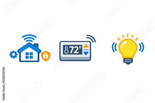 Three colorful icons representing smart home technology including a house with security features, a digital thermostat set to seventy-two degrees, and a glowing smart light bulb.