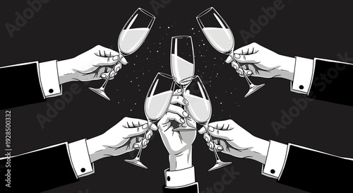 cheers celebration with champagne glasses, black and white
