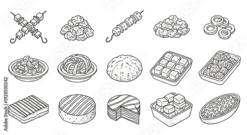 Assortment of various food dishes, sketch style