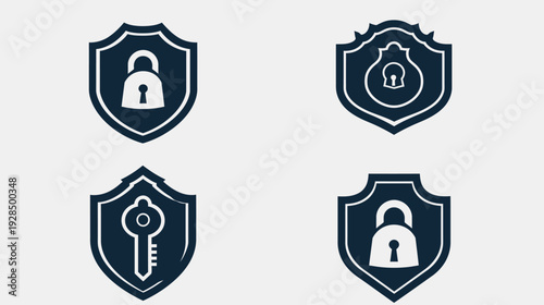 Four stylized dark blue and white shield icons, each with a security-themed illustration within the shape