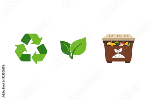 Three environmental icons including a green recycling symbol, two green leaves, and a brown compost bin filled with organic food waste, all set against a solid black background.