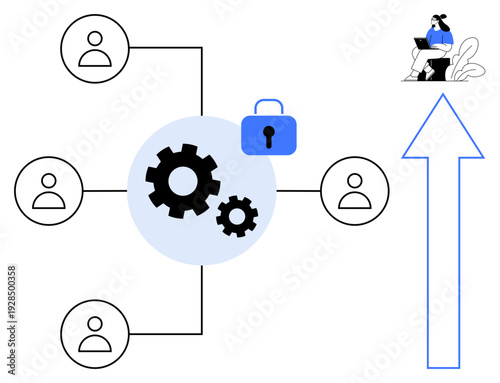 Data management system. Centralized processing gears with user icons, secure access, and workflow optimization. Data management enhancing efficiency and security. For IT, cloud storage, team