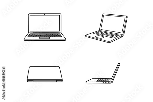 A set of four white line art illustrations showing a laptop computer from different angles, including front, perspective, back, and side views, presented on a solid black background.