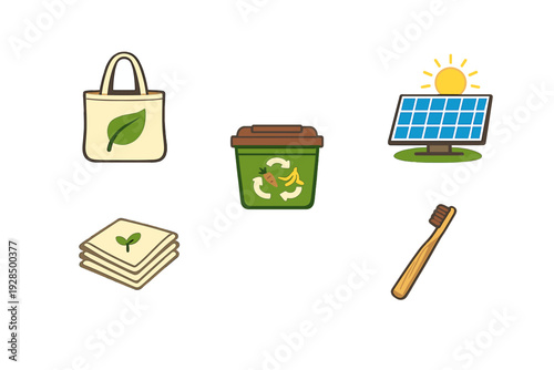 A collection of eco-friendly lifestyle icons including a reusable bag, compost bin, solar panel, cloth napkins, and a bamboo toothbrush on a black background.