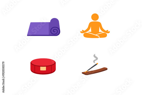 A collection of four colorful icons representing yoga and meditation practices, including a purple mat, an orange meditating figure, a red cushion, and a burning incense stick.
