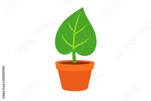 A minimalist vector illustration of a single green heart-shaped leaf growing from a small orange terracotta flower pot, isolated against a solid black background.