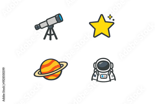 A collection of four space-themed icons featuring a telescope, a yellow star, a ringed planet, and an astronaut, all set against a solid black background in a flat vector style.