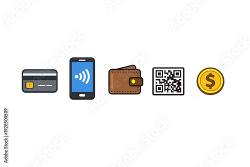 A collection of five flat icons representing various payment methods including a credit card, a smartphone for mobile pay, a brown wallet, a QR code, and a gold dollar coin on a black background.