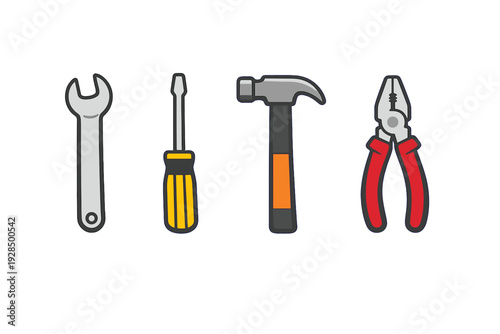 A flat illustration of four common hand tools including a wrench, a screwdriver, a hammer, and a pair of pliers, all arranged in a row against a solid black background.