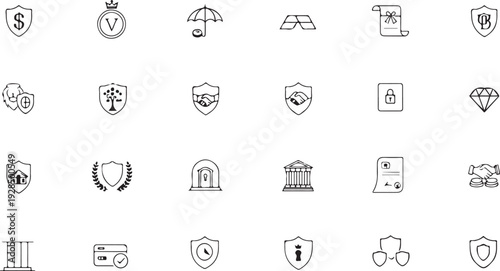 Set of 30 outline icons related to financial protection. Linear icon collection. Editable stroke.