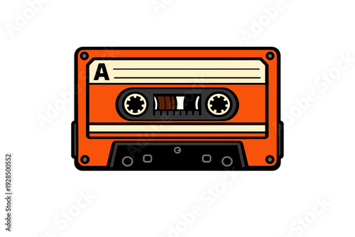 This flat vector illustration features a classic orange audio cassette tape with a cream-colored label and side A marking. The retro design is isolated on a black background.