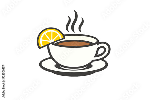 A minimalist illustration of a white teacup on a saucer filled with a brown liquid. A yellow lemon slice sits on the rim, and three wavy lines float above the cup against a black background.