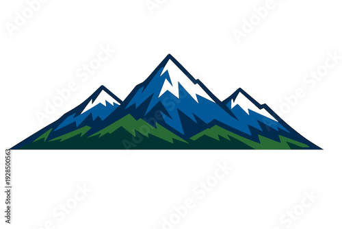 A stylized graphic illustration of three snow-capped mountain peaks with green foothills against a solid black background. The design uses blue, white, and green geometric shapes.