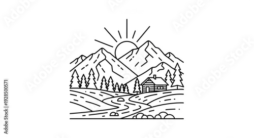 Serene mountain landscape with cabin trees and winding river under sunny sky at dawn