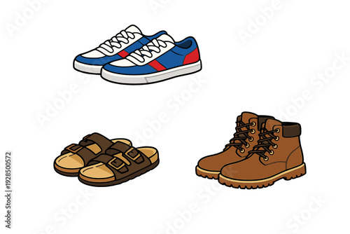 A collection of three different types of footwear including blue sneakers, brown buckled sandals, and brown work boots, presented as colorful illustrations on a black background.