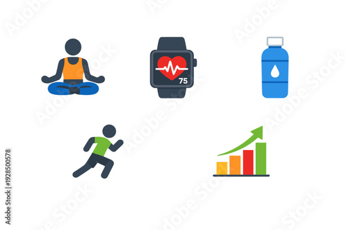 This set features five colorful health and fitness icons including a person meditating, a smartwatch with a heart rate monitor, a water bottle, a runner, and a rising progress bar chart.