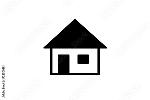 A simple black and white line drawing of a house icon featuring a triangular roof with a chimney and a rectangular base. This minimalist graphic is isolated on a plain white background.