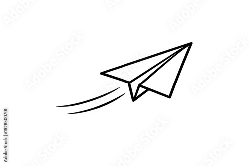 A minimalist line drawing of a paper airplane soaring upwards with motion trails, set against a dark background. This simple illustration represents flight, travel, and creativity.