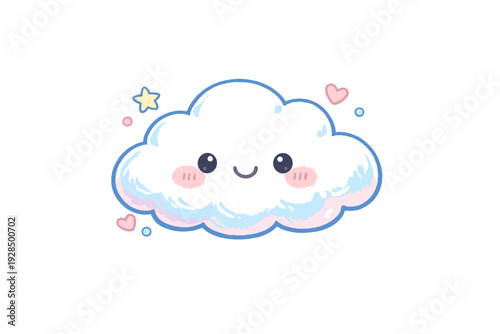 A cute white cartoon cloud with a smiling face and pink cheeks floats against a solid black background, surrounded by small stars and hearts in a kawaii illustrative style.