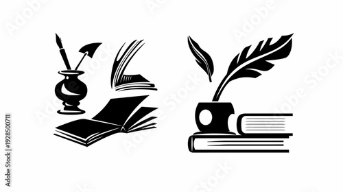 Black and white illustration of books, ink well with feather and paint brushes