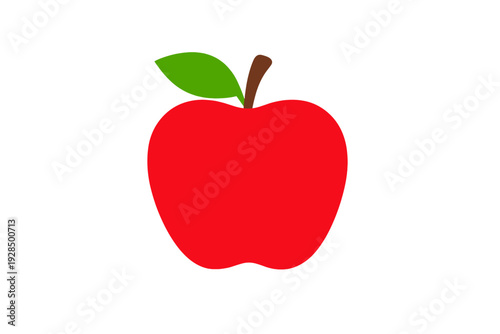 A simple vector illustration of a bright red apple with a single green leaf and a brown stem, isolated against a solid black background. Ideal for food and health concepts.
