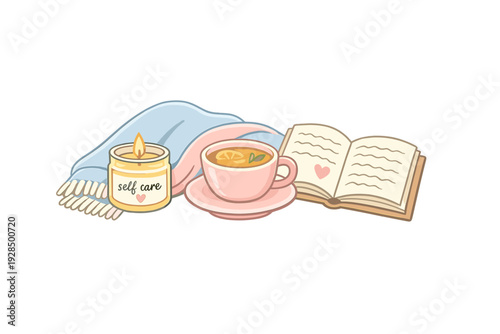 This cozy cartoon illustration features a lit candle labeled self care, a warm cup of tea with a lemon slice, an open book with a heart, and a soft blue blanket against a solid black background.