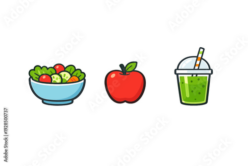 A collection of three healthy food icons including a fresh salad bowl, a red apple, and a green smoothie in a plastic cup with a straw, all set against a solid black background.