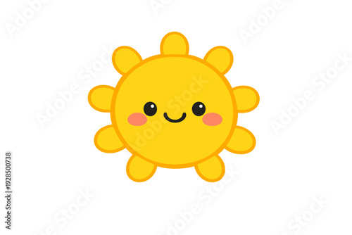 A cute cartoon sun with a smiling face and pink cheeks is centered against a solid black background. The yellow sun features rounded rays and a friendly expression in a kawaii style.
