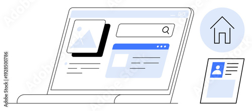 Digital search concept. Digital search displayed on a laptop screen navigation icons, links, and profile data. Digital search for home, office, education, digital tools, and business