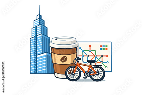 A flat vector illustration featuring a blue skyscraper, a large coffee cup, an orange bicycle, and a colorful transit map, representing urban lifestyle and daily city commuting.
