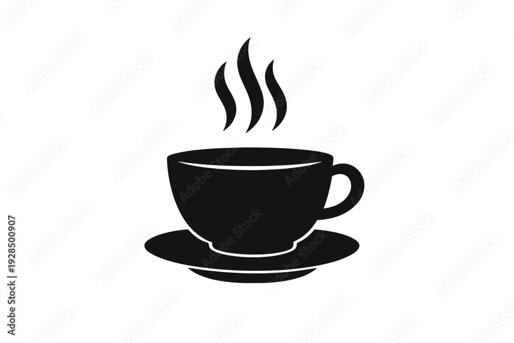 Obraz premium This minimalist black icon depicts a steaming cup of coffee or tea resting on a saucer. Three wavy lines rise from the cup to indicate heat from a hot beverage inside.