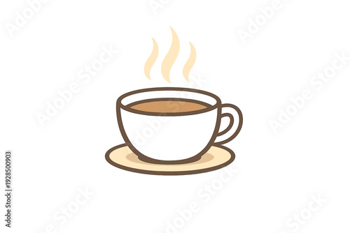 A minimalist vector illustration of a dark brown cup filled with a hot beverage, featuring rising steam and resting on a light-colored saucer against a solid black background.