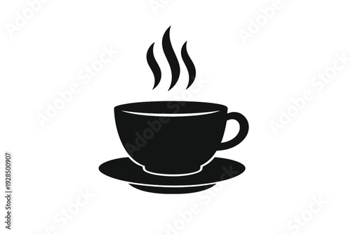 This minimalist black icon depicts a steaming cup of coffee or tea resting on a saucer. Three wavy lines rise from the cup to indicate heat from a hot beverage inside.