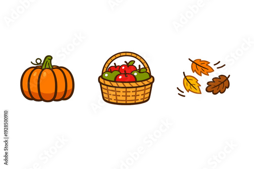 A flat cartoon illustration featuring a bright orange pumpkin, a woven basket filled with red and green apples, and three colorful autumn leaves falling against a black background.