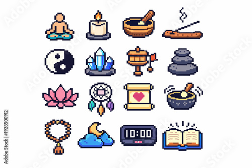 Colorful pixel art icons of meditation and spiritual elements
