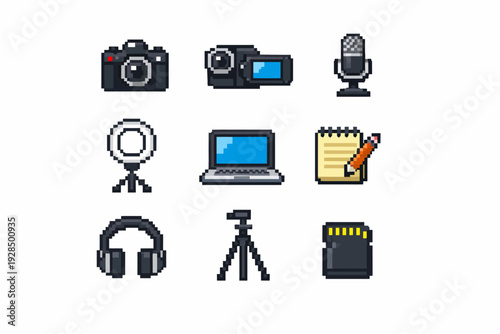 Pixel art icons of photography and tech equipment