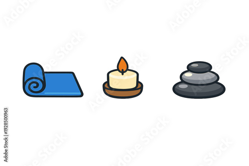 A set of three flat vector icons featuring a rolled blue yoga mat, a lit candle in a holder, and a stack of three smooth grey zen stones, all isolated on a solid black background.