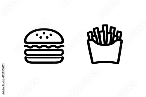 A minimalist black and white line art illustration featuring a hamburger and a container of french fries on a dark background. This simple graphic represents classic fast food items.