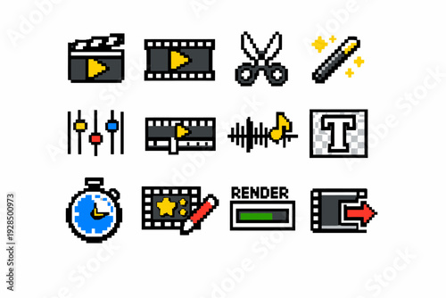 Pixel art editing icons: video, audio, magic, text, timer, effects
