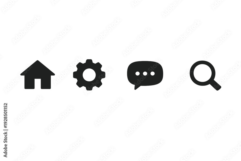 Obraz premium A set of four minimalist black icons representing home, settings, chat, and search functions, displayed horizontally on a plain white background for user interface design.