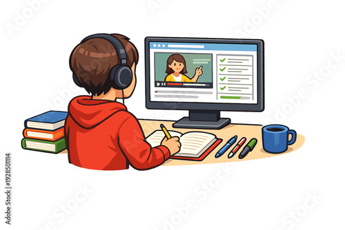 A boy wearing a red hoodie and headphones sits at a desk, taking notes while watching an online educational video on a computer screen. The desk has books, pens, and a blue mug.