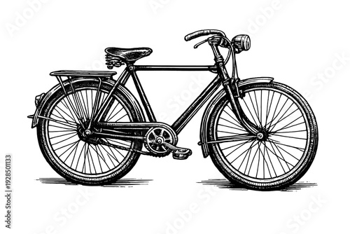 A detailed black and white illustration of a vintage bicycle against a dark background. The classic design features a headlight, rear rack, and spoked wheels in an engraving style.