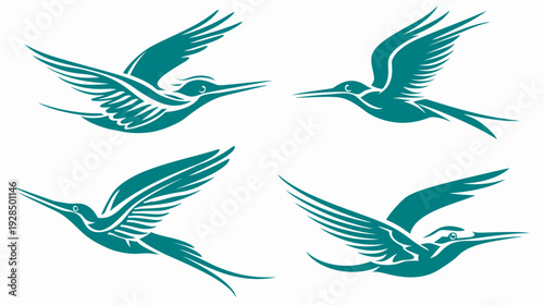 Four teal bird silhouettes in flight on a white background, featuring long beaks and flowing tails