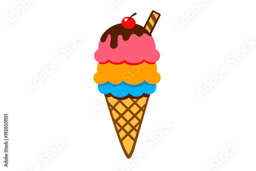 A colorful illustration of a three-scoop ice cream cone featuring pink, orange, and blue scoops topped with chocolate syrup, a red cherry, and a wafer stick against a black background.