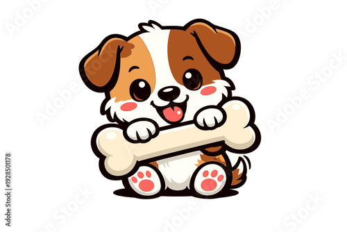 This adorable brown and white cartoon dog is shown sitting and holding a large bone. The vector style illustration has a black background and highlights the puppy's happy expression.