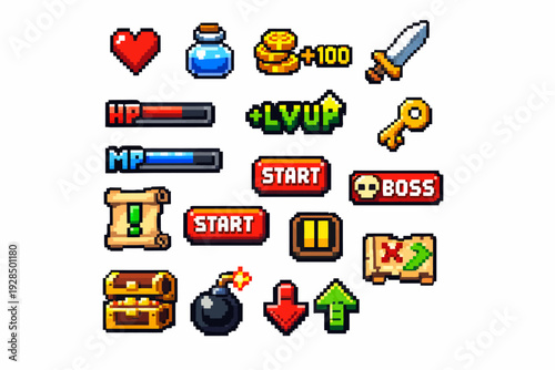 Pixel art gaming icons: hearts, coins, weapons, keys, power-ups