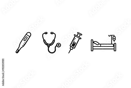 A collection of four black line icons representing medical equipment, including a digital thermometer, a stethoscope, a syringe, and a hospital bed with an intravenous drip stand.