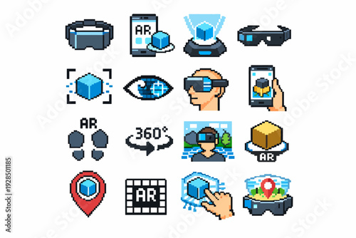 Pixel art icons of augmented reality technology and virtual interfaces
