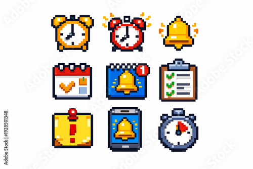 Pixel art icons: alarm clocks, calendars, and alert notifications