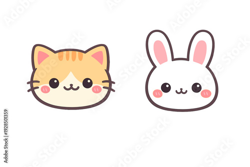 Two adorable cartoon animal faces, a ginger cat and a white rabbit, are displayed side by side against a solid black background. Both characters feature cute expressions and pink cheeks.